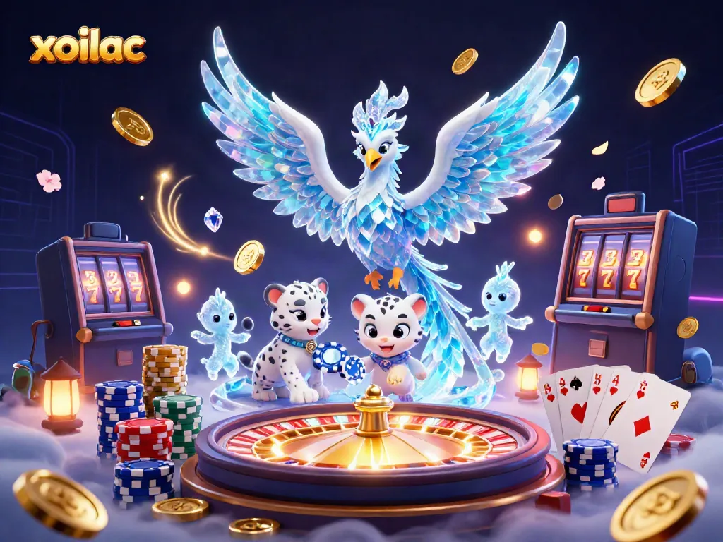 Xoilac delivers immersive gaming experiences featuring rich illustrations of a phoenix, poker chips, and sparkling elements.