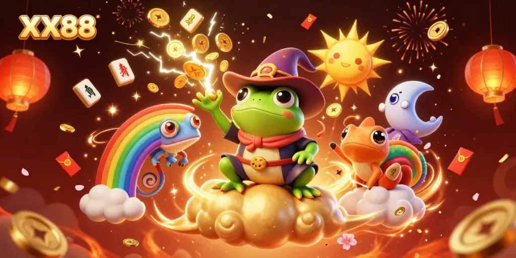 Experience the XX88 thrill with a vibrant storm of golden coins and dynamic 3D characters in this captivating scene.