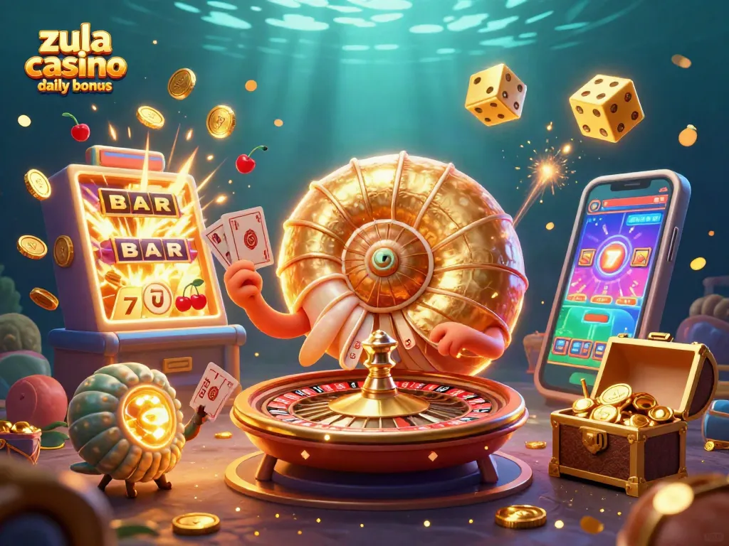 Zula casino daily bonus highlights a dynamic scene with ancient nautilus and vibrant casino elements.