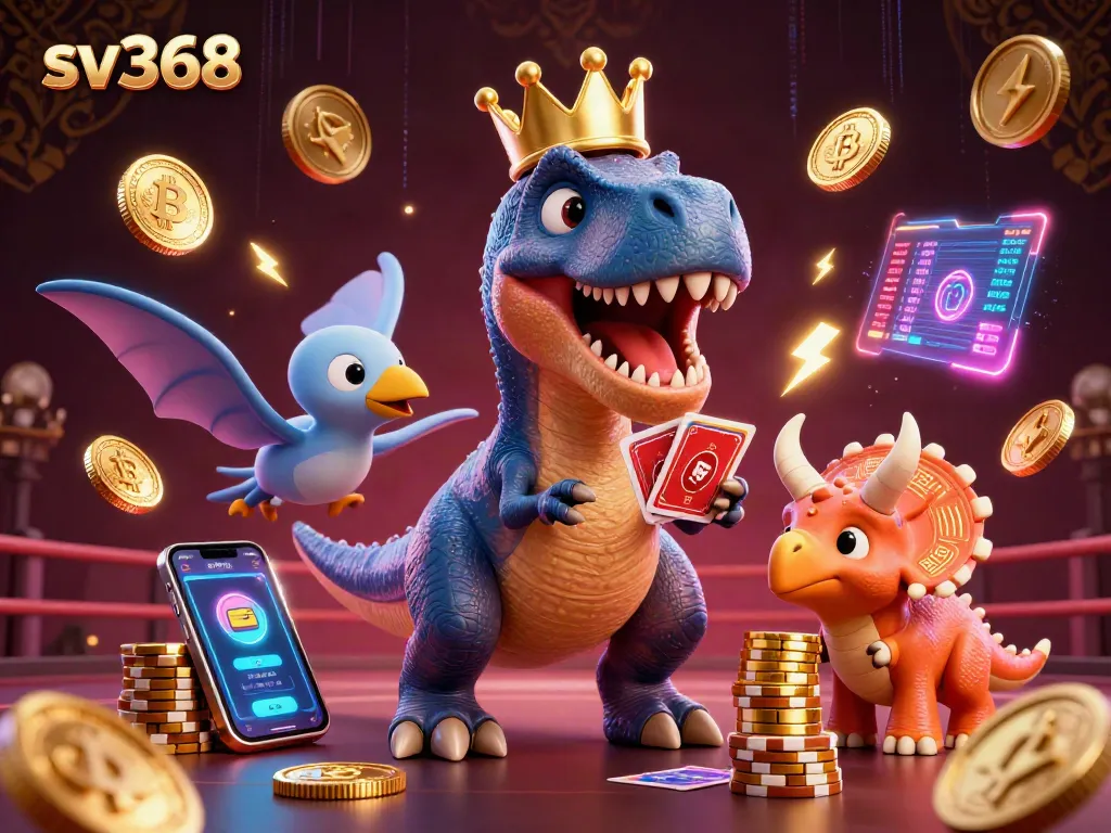 Experience the excitement of sv368 with a vibrant 3D scene featuring a T-Rex shuffling cards and a pterodactyl assisting in a cockfighting setting.