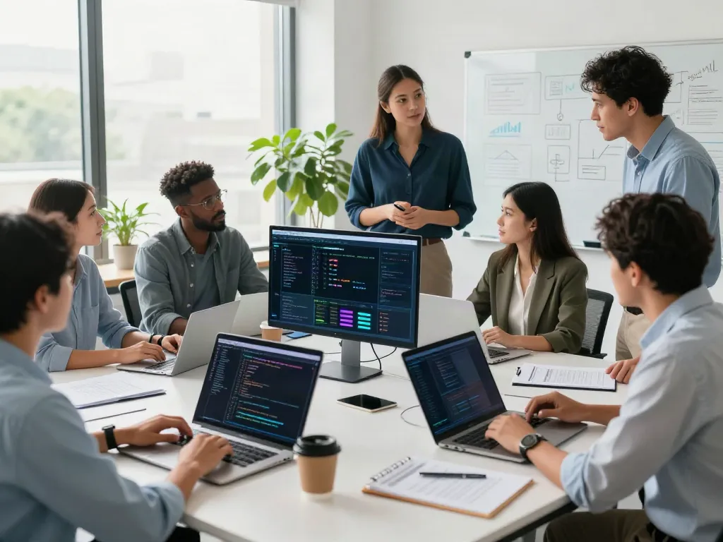 Collaboration scene showcasing insurtech news today in a modern office with diverse professionals.