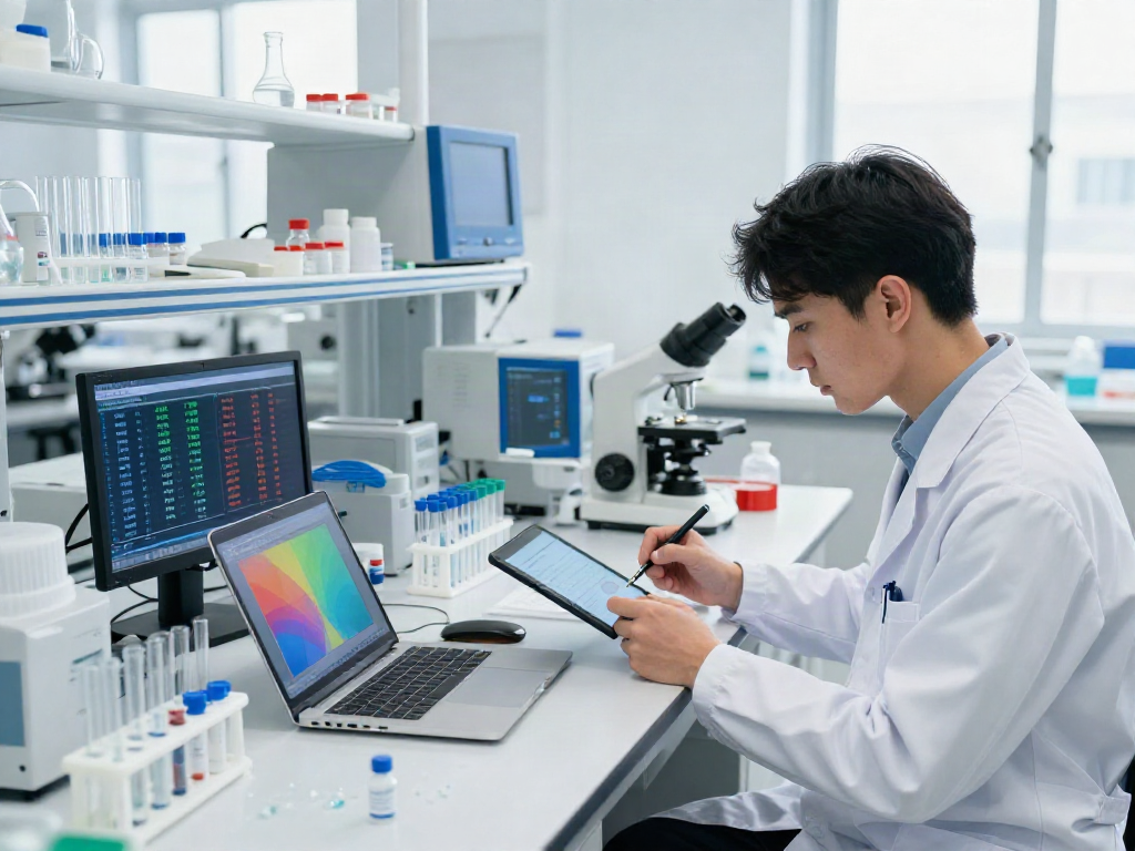 Researcher analyzing peptideprices in a modern lab with real-time data.