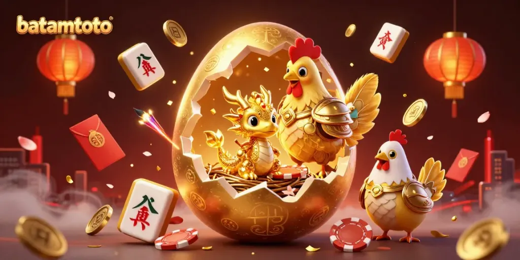 Experience the excitement with batamtoto as a golden dragon emerges from a cracking egg amidst gaming treasures.