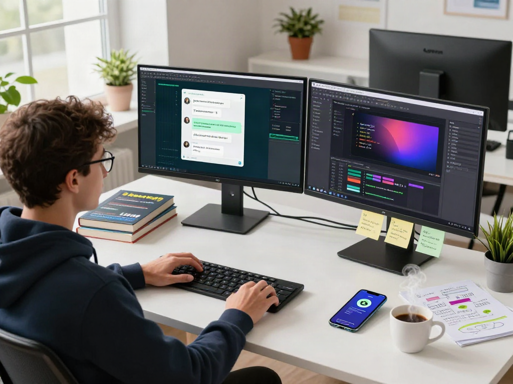 Mobile app development scene featuring gb WhatsApp on multiple monitors with a tech developer in a modern workspace.
