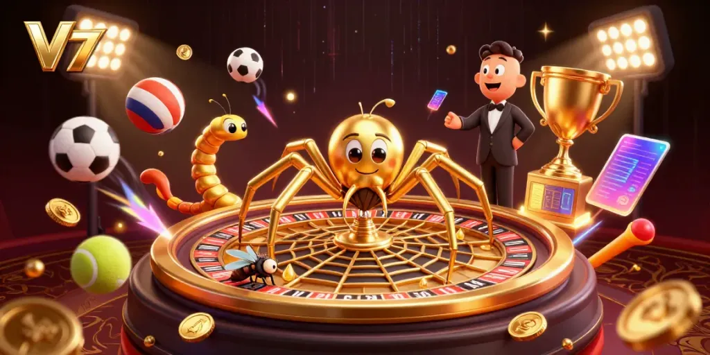 V79 betting scene with a golden spider and a centipede croupier spinning a golden roulette