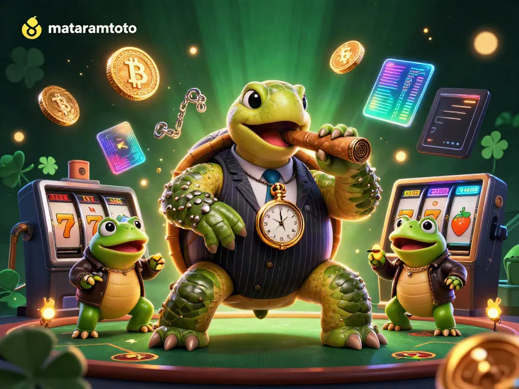 Experience thrilling wins with Mataramtoto in this detailed casino scene featuring lucky symbols and characters.