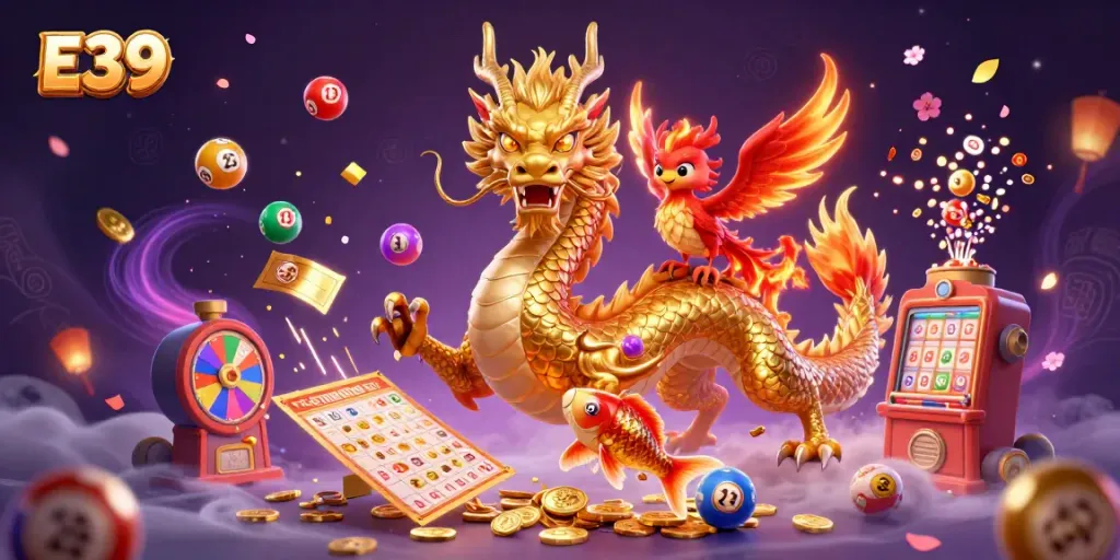 E39 showcases an entertaining scene with a golden dragon, phoenix, and koi fish amid vibrant casino elements.