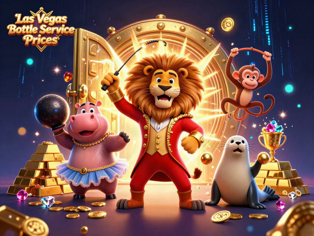 Catch the excitement of Las Vegas Bottle Service Prices with a vibrant 3D illustration of circus characters amidst gold and gems.
