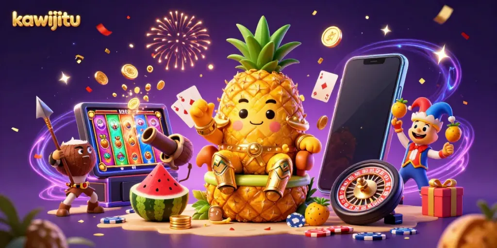 Engage in exciting gaming with kawijitu at a vibrant beach casino, featuring animated characters and thrilling slots.