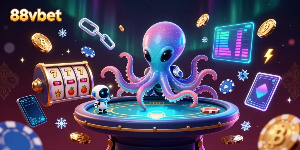 88vbet casino game scene featuring a vibrant 3D alien octopus dealing poker with coins and vibrant game elements.