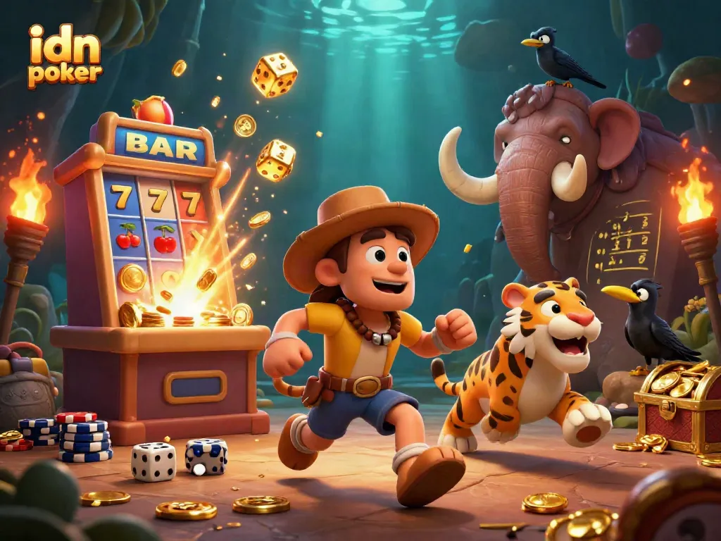 Experience idn poker excitement with a cartoon caveman, sabertooth tiger, and crow in a prehistoric casino scene.