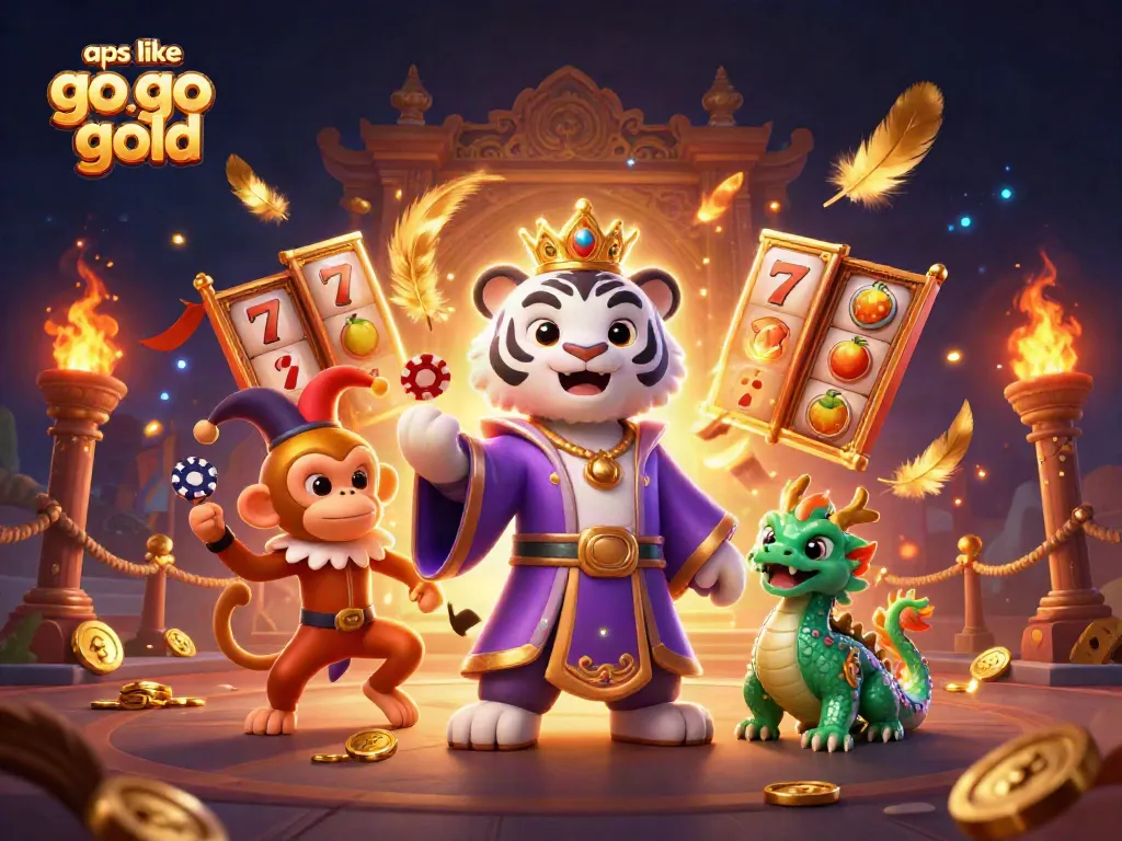 Play slots like Go Go Gold with a vibrant scene featuring a tiger, monkey, and dragon.
