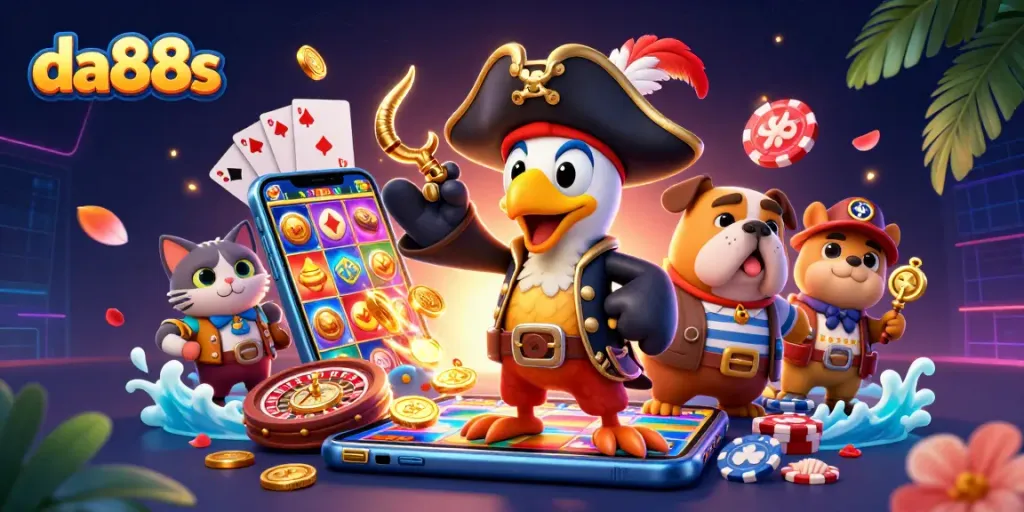 da88s showcases a vibrant pirate-themed casino scene with engaging gambling elements and dynamic characters.