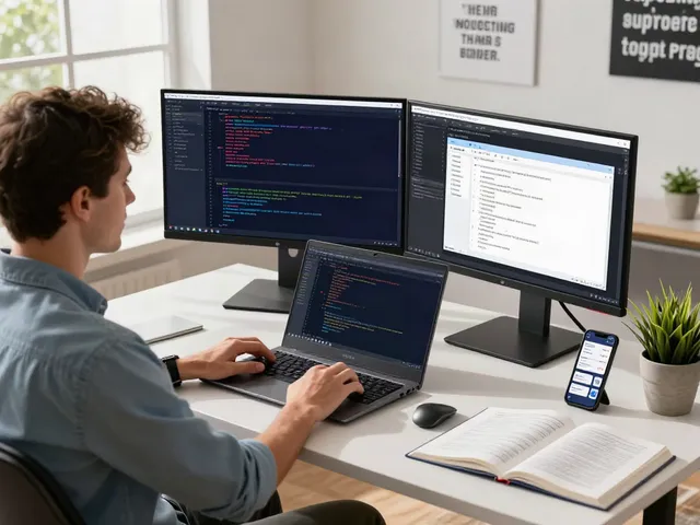 Pengembangan perangkat lunak dengan PGserver di ruang kerja modern.