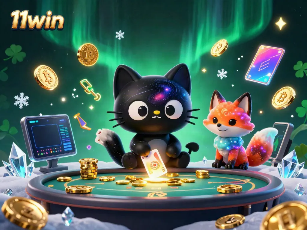 Engage with 11win’s vibrant cosmic casino featuring a black hole cat and nebula fox, surrounded by glowing cryptocurrency elements.