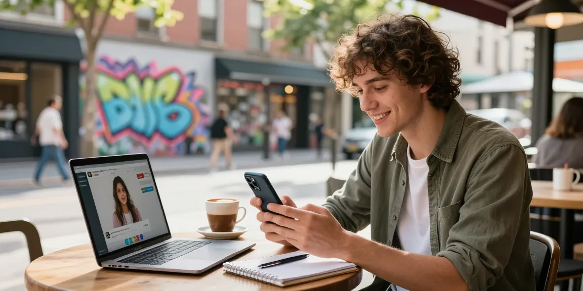 Engaging in Pink Chat video conversation at a vibrant café