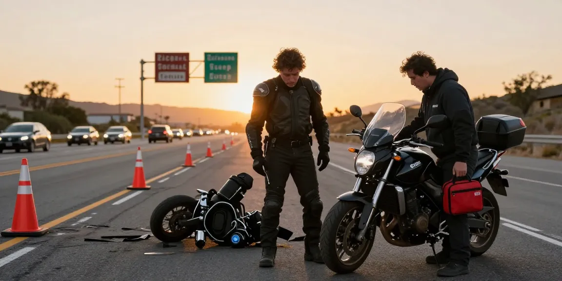 Motorcycle accident lawyer California assists a shaken motorcyclist on California highway after a crash.