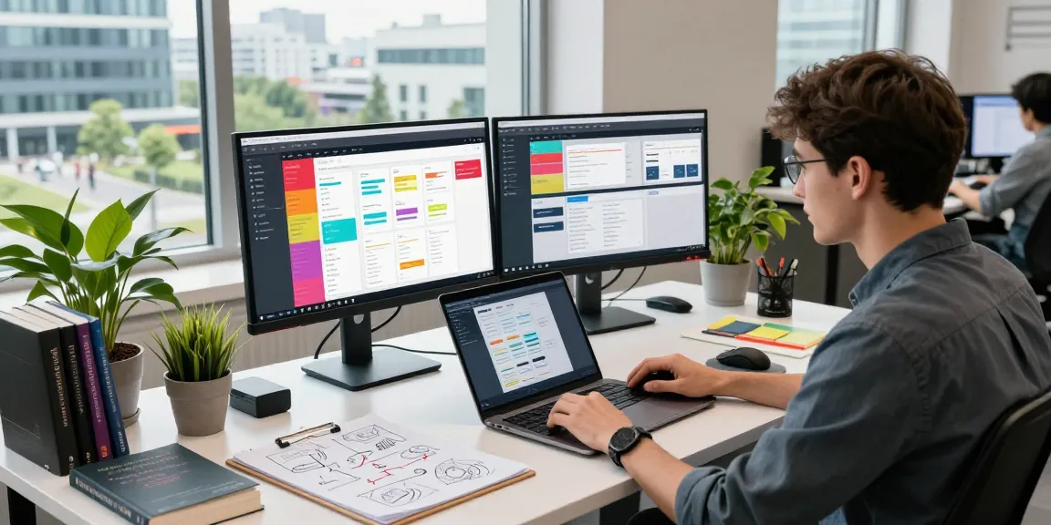 Focused software engineer at their desk working on an mvp development service project, showcasing dynamic workspace elements.