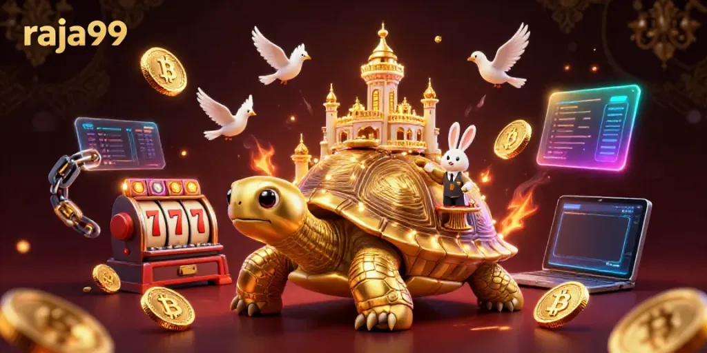 Experience raja99 with a vibrant 3D casino scene featuring a golden tortoise and a rabbit dealer.
