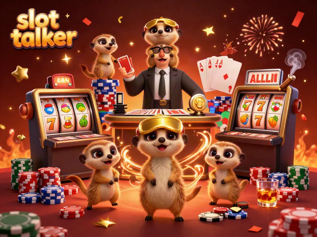 Experience the excitement of slot talker through playful meerkats managing a colorful casino scene.