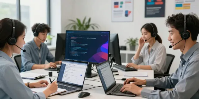 Customer service representatives providing Hotmail support Canada in a modern tech office.
