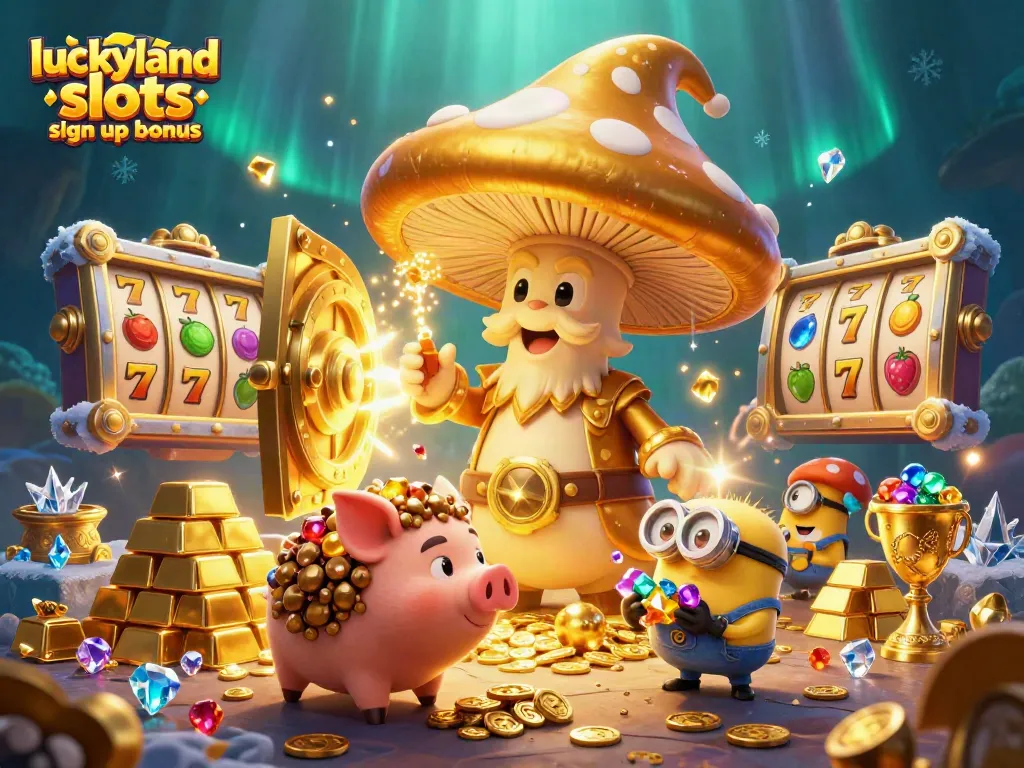 Experience the luckyland slots sign up bonus with gold treasures and magical gaming elements in this vibrant illustration.