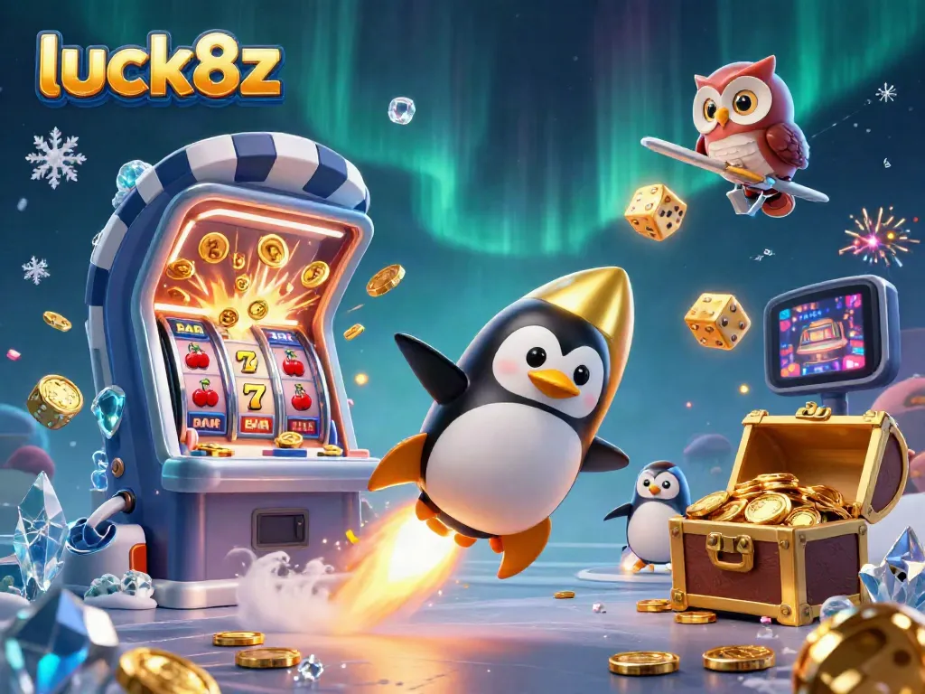 Engage with luck8z as the golden penguin soars toward a casino space station amid a vibrant jackpot explosion.
