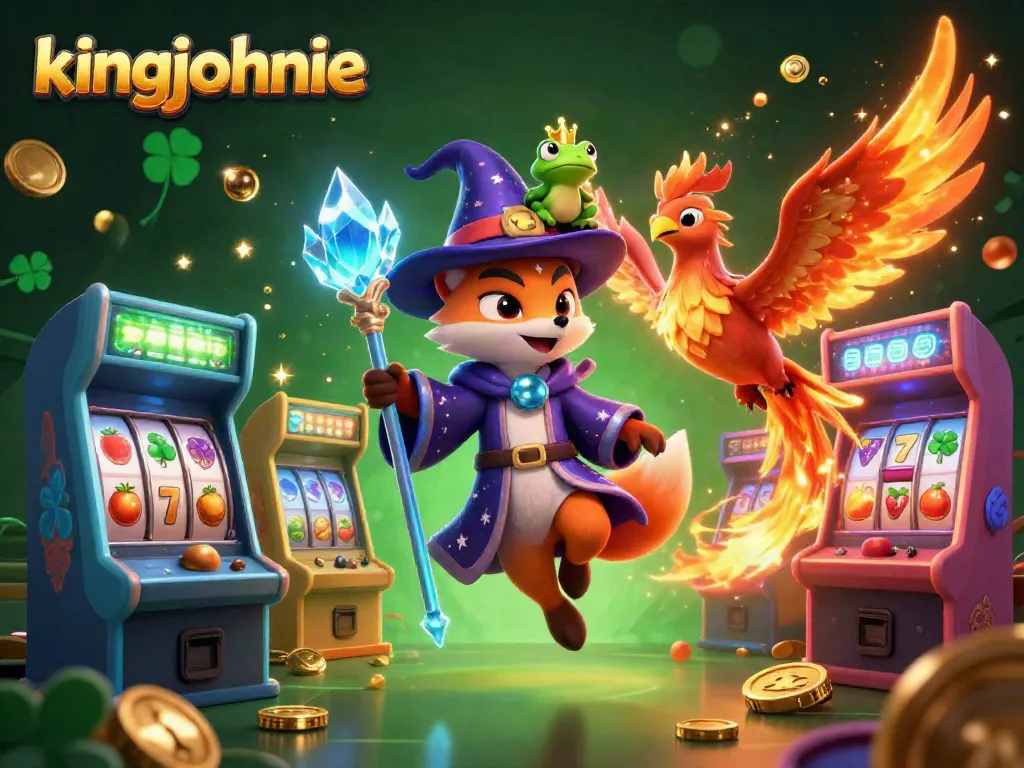 Experience the magic of kingjohnnie in a dazzling 3D casino scene with vibrant slot elements.