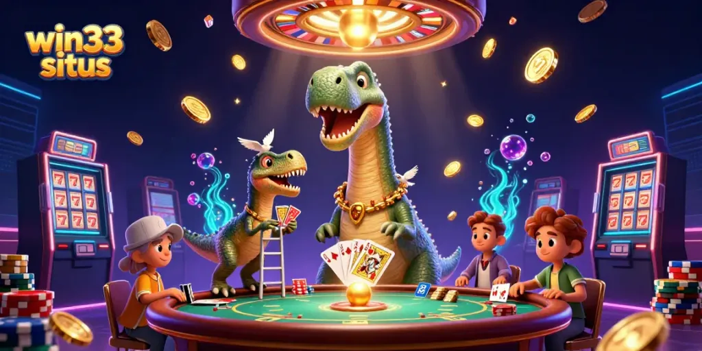 Experience the dynamic win33 situs with a playful scene featuring vibrant characters and casino-themed elements.