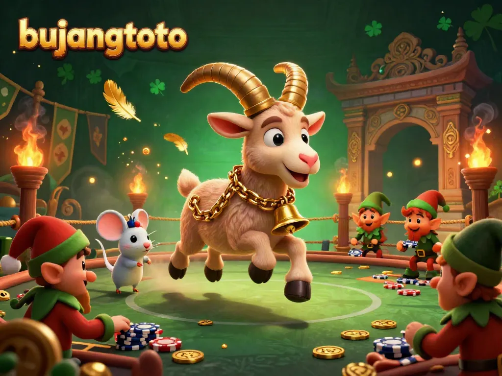 Experience thrilling gameplay at BUJANGTOTO casino with festive characters in a dynamic scene.