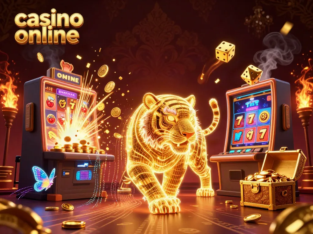 Experience thrilling adventures at a casino online with golden tiger and slot machine explosion of coins.