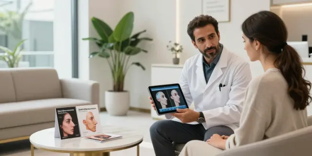 Zahi Abou Chacra consulting a patient about designer rhinoplasty in a modern clinic.