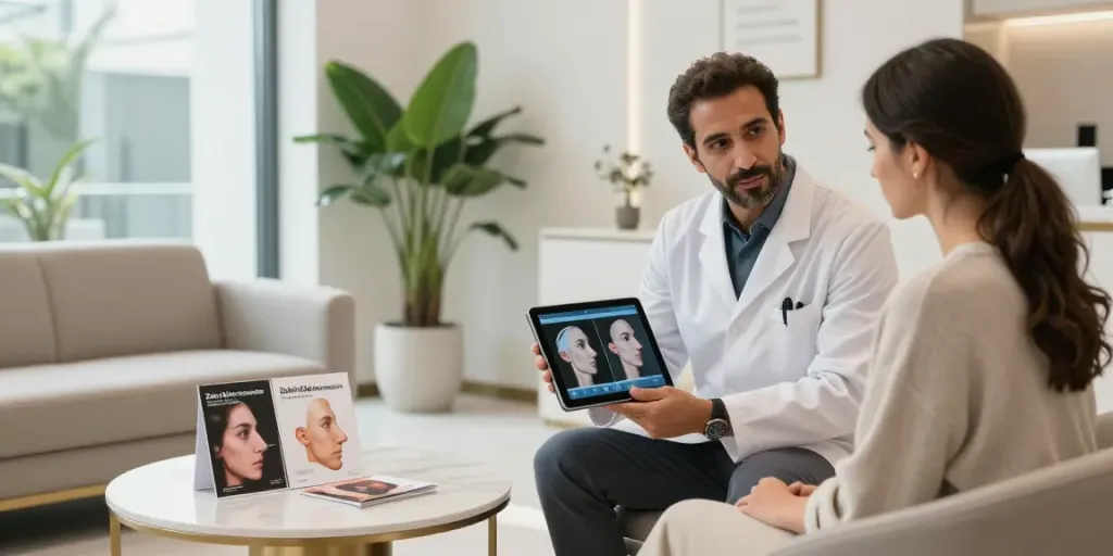 Zahi Abou Chacra consulting a patient about designer rhinoplasty in a modern clinic.