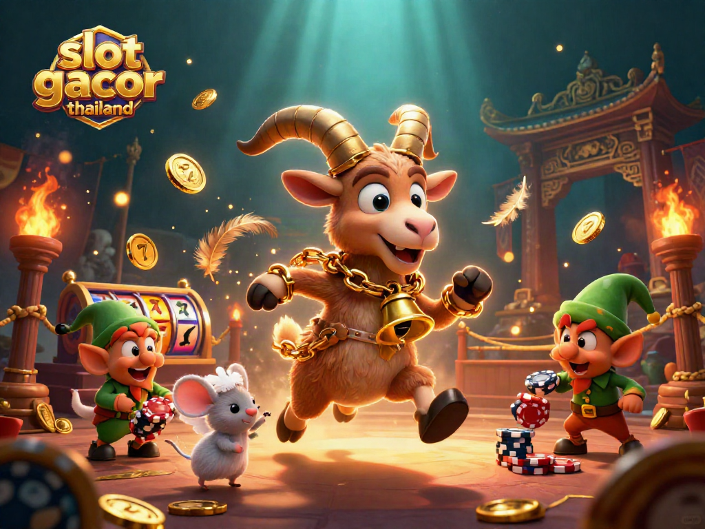 Experience slot gacor thailand with festive characters in a dynamic casino scene filled with winning slot reels and gold coins.