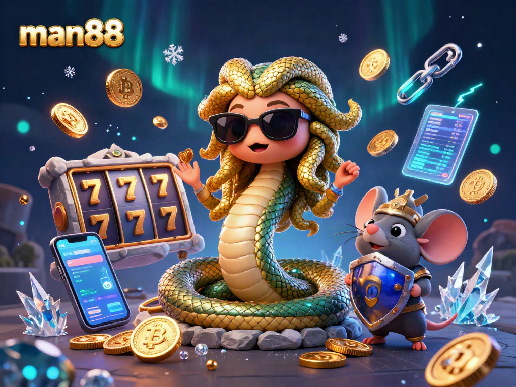 Experience the excitement of man88 with dynamic gaming visuals featuring Medusa and a warrior mouse.