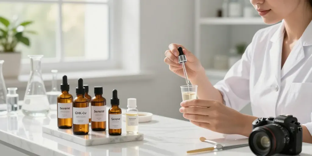 Creating GHK-Cu copper peptide serum in a bright skincare lab