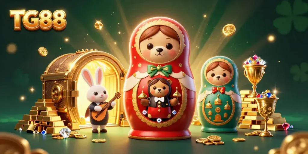 Win big with TG88's vibrant casino experience featuring a bear dealer and treasure.