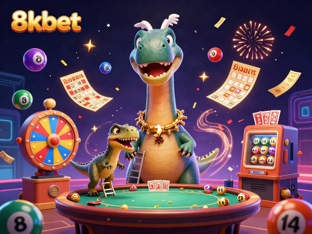 Engage with 8xbet's lively casino scene featuring a brontosaurus and a clever raptor, showcasing vibrant lottery elements.