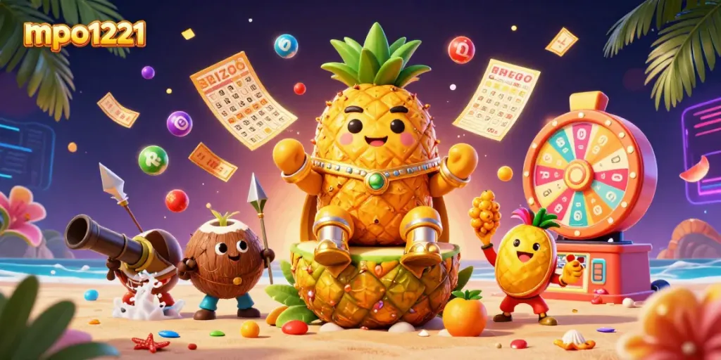Engage with mpo1221's vibrant beach casino scene with golden characters and dynamic lottery elements.