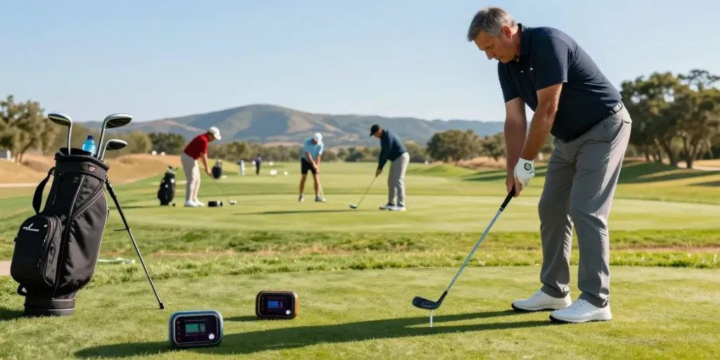Budget Golf Launch Monitors in use by a golfer practicing at a driving range with a portable launch monitor.