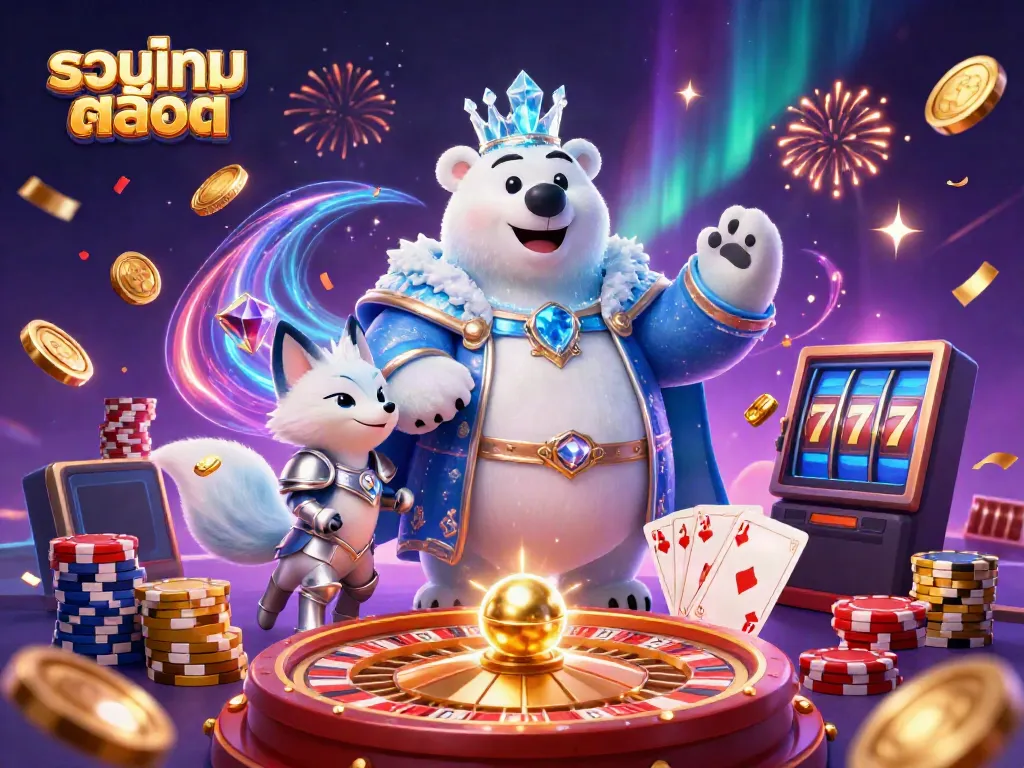 Engage with รวมเกมสล็อต in an ultra-detailed 3D casino scene filled with vibrant characters and dynamic gaming elements.