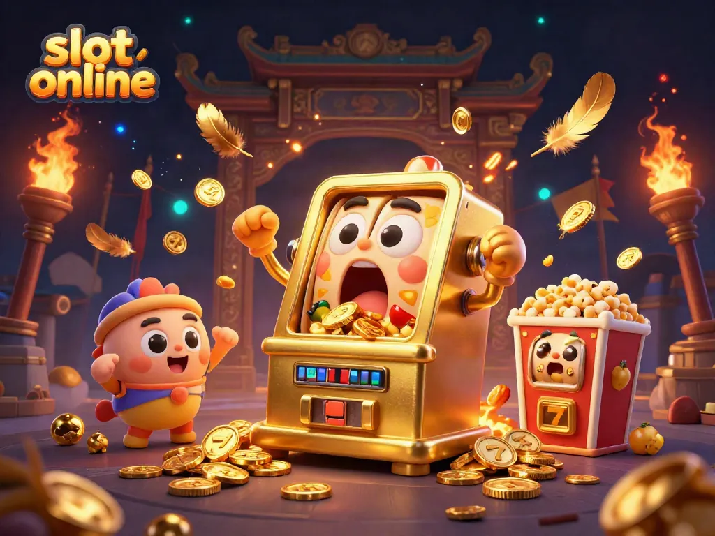 Slot online illustration featuring a golden slot machine celebrating a jackpot, surrounded by gold coins.