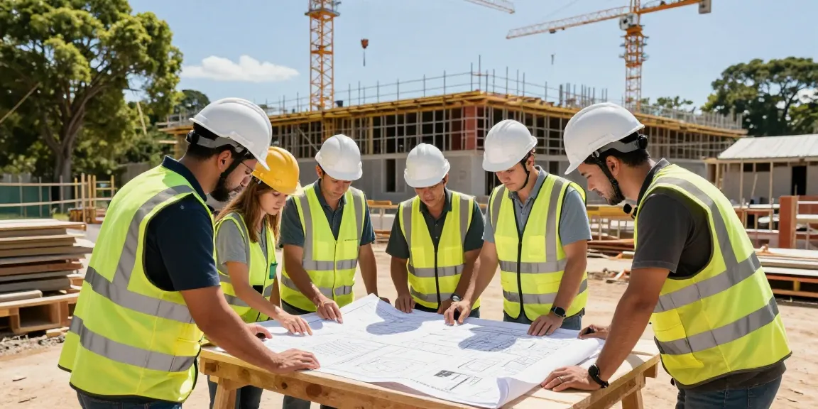 Constructions loans Brisbane at a collaborative site with tradespeople reviewing building plans and progress.