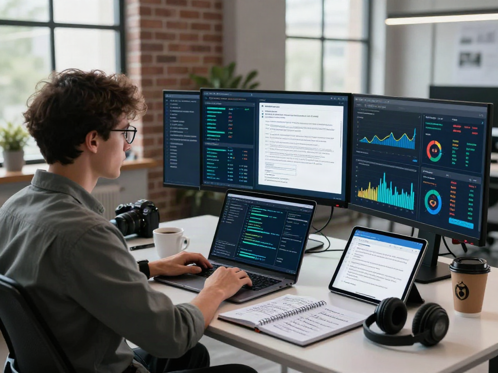 Cybersecurity professional analyzing document fraud detection metrics on multiple screens in a modern digital workspace.