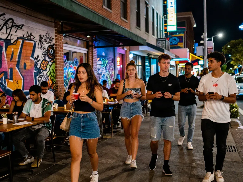 Stylish friends enjoying urban nightlife in trendy outfits amidst neon signs, showcasing Roma Army nudes culture.
