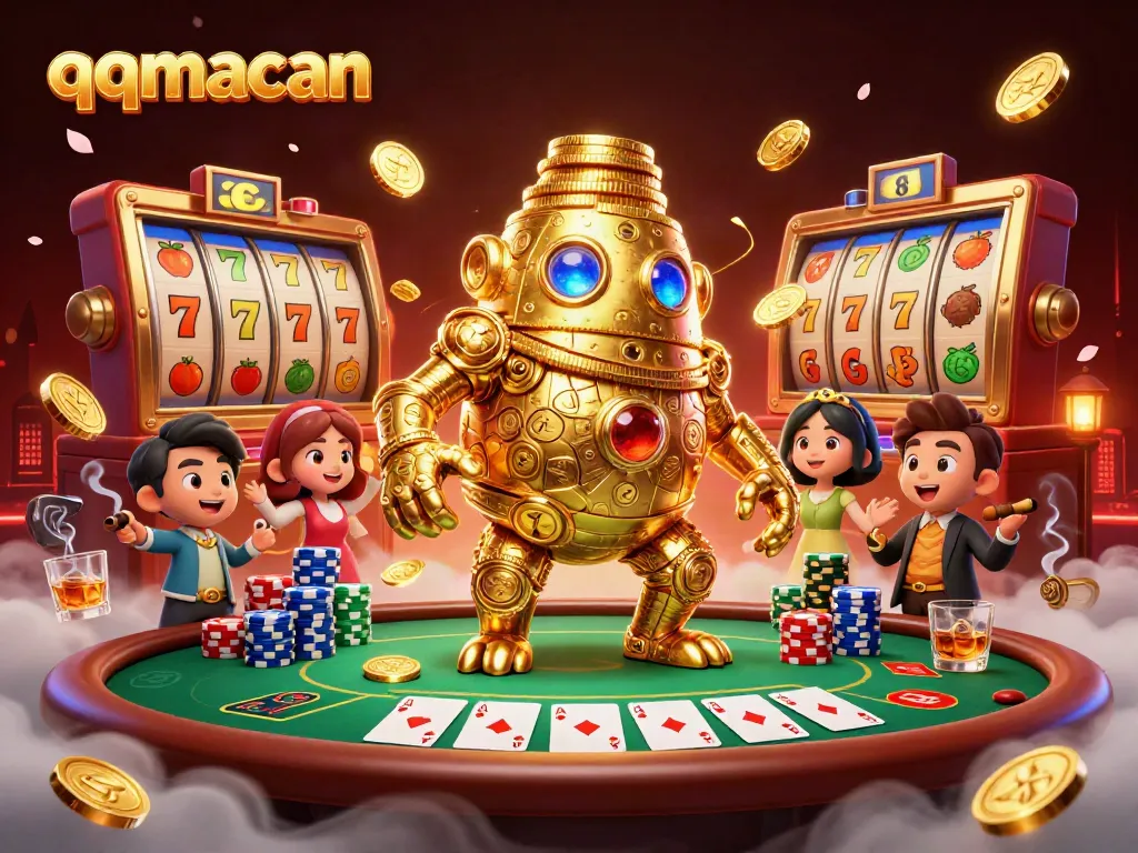 Spin and win with qqmacan's animated golden golem at a vibrant casino scene featuring slot reels and poker elements.