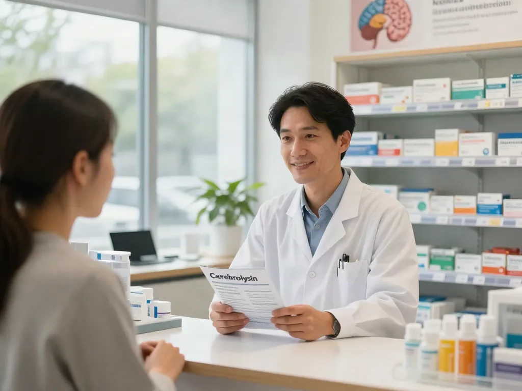 Cerebrolysin cost consultation in modern pharmacy with friendly pharmacist