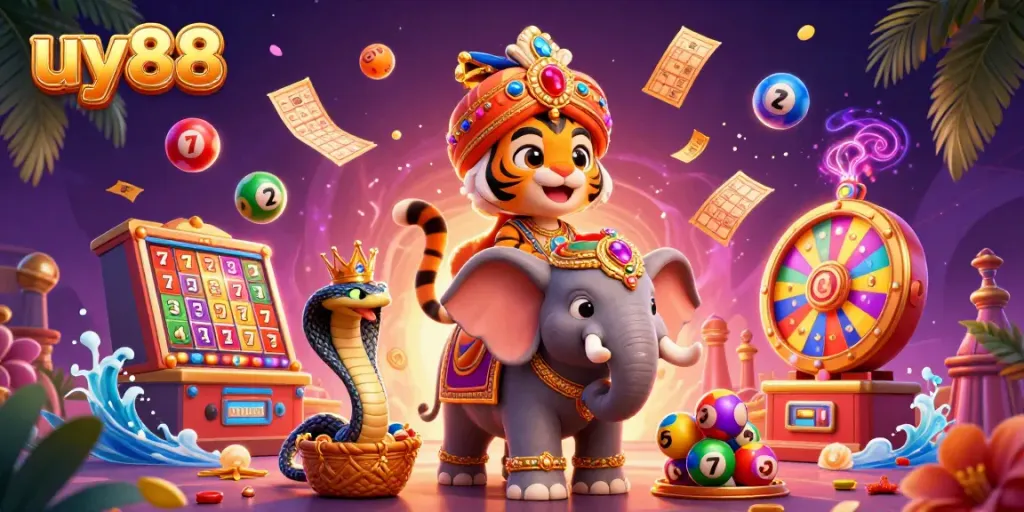 Experience the excitement of uy88 with a vibrant casino-themed 3D illustration featuring classic gaming elements.