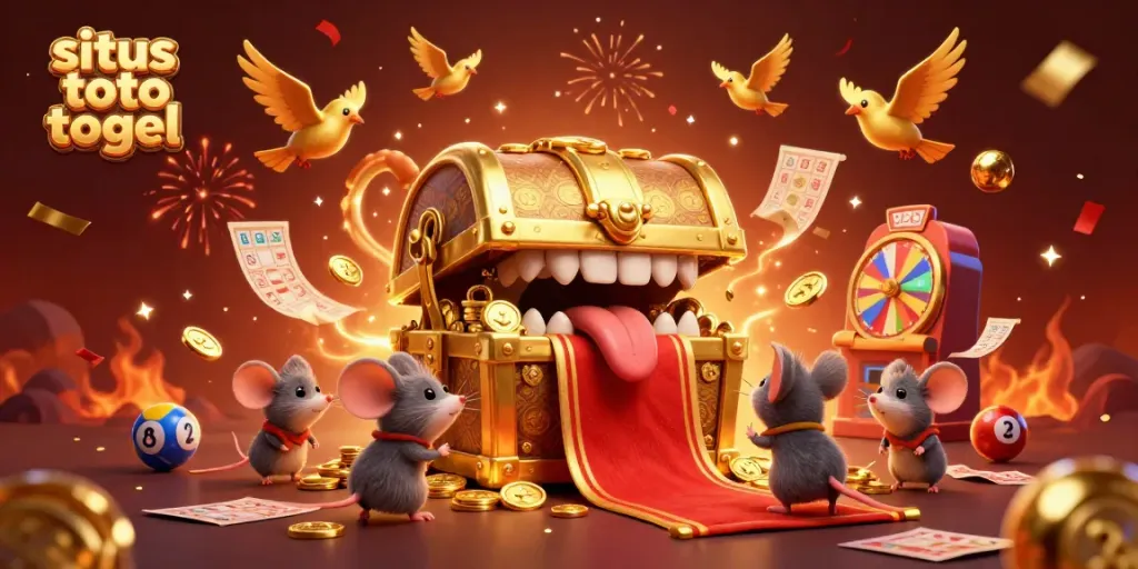 Engage with the enchanting situs toto togel scene, featuring a golden treasure chest and celebratory lottery elements.