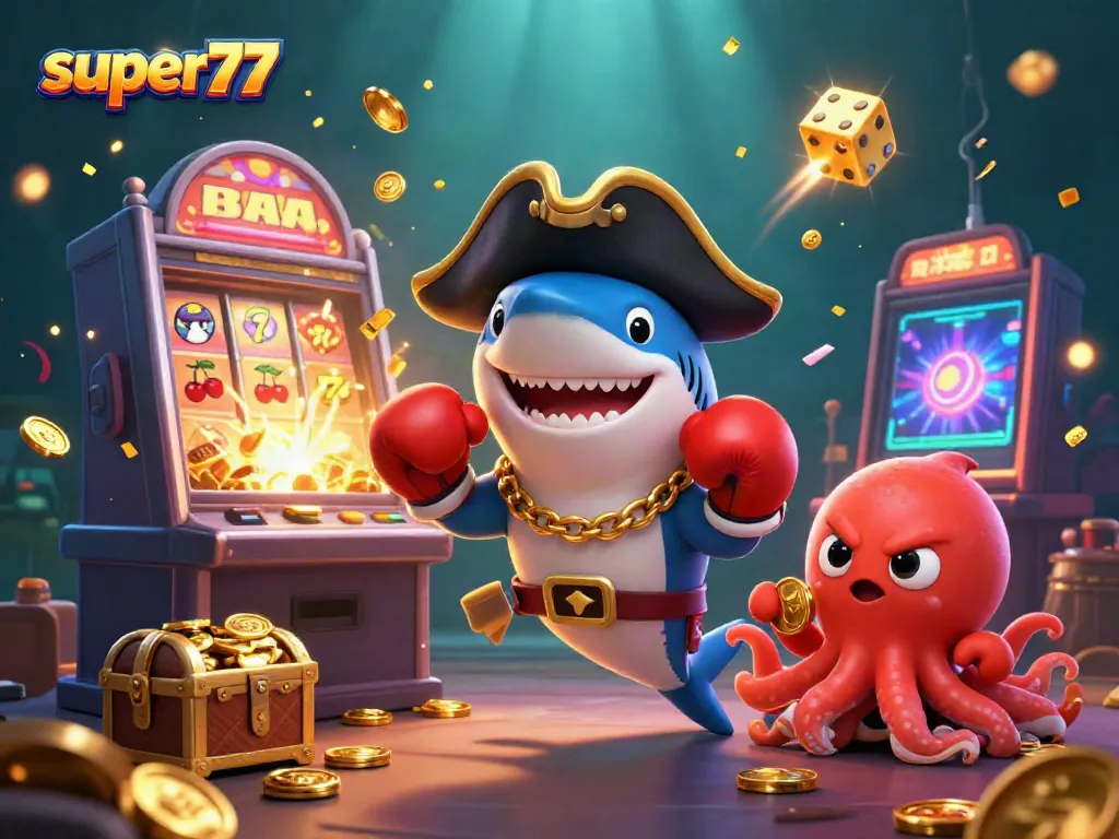 Experience the slots excitement at super77 with cartoon characters, coins, and vibrant casino elements.